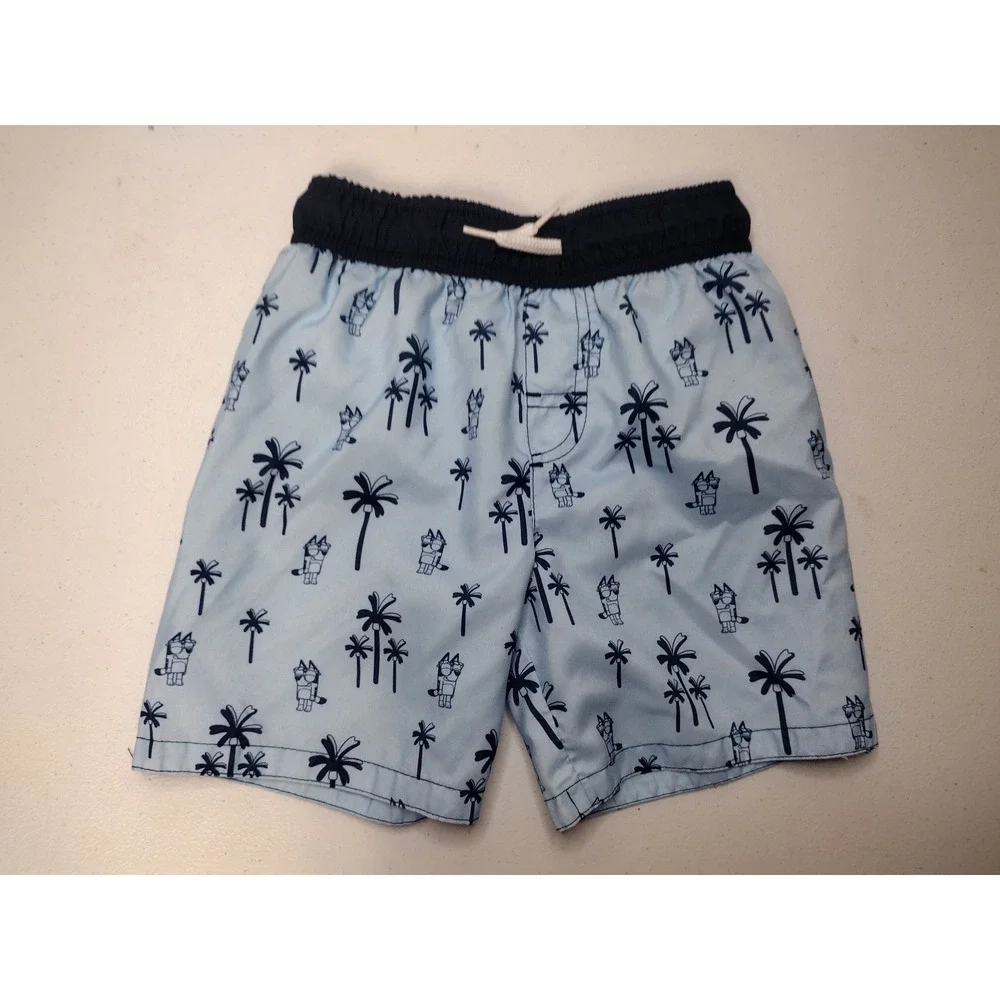 Bluey Kids Light Blue Palm Tree Print Swim Trunks Mesh Lined Size 4T